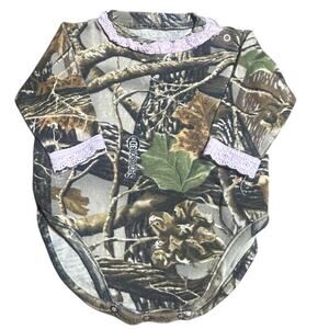 Cabela's girls 6 month long sleeve body suit with camouflage and pink lace trim